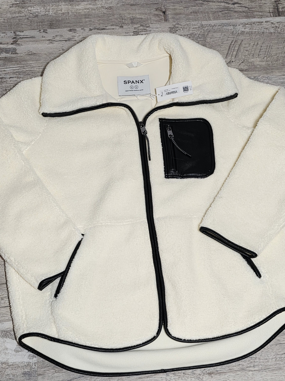 NWT Spanx Fleece Full Zip Teddy Jacket Frosted Ivory Black Trim Medium 50775R